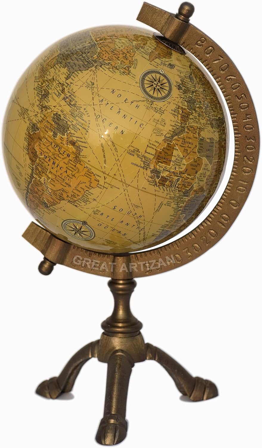 Antique Brass Educational Desk Globe with Three-Legged Brass Stand view 7