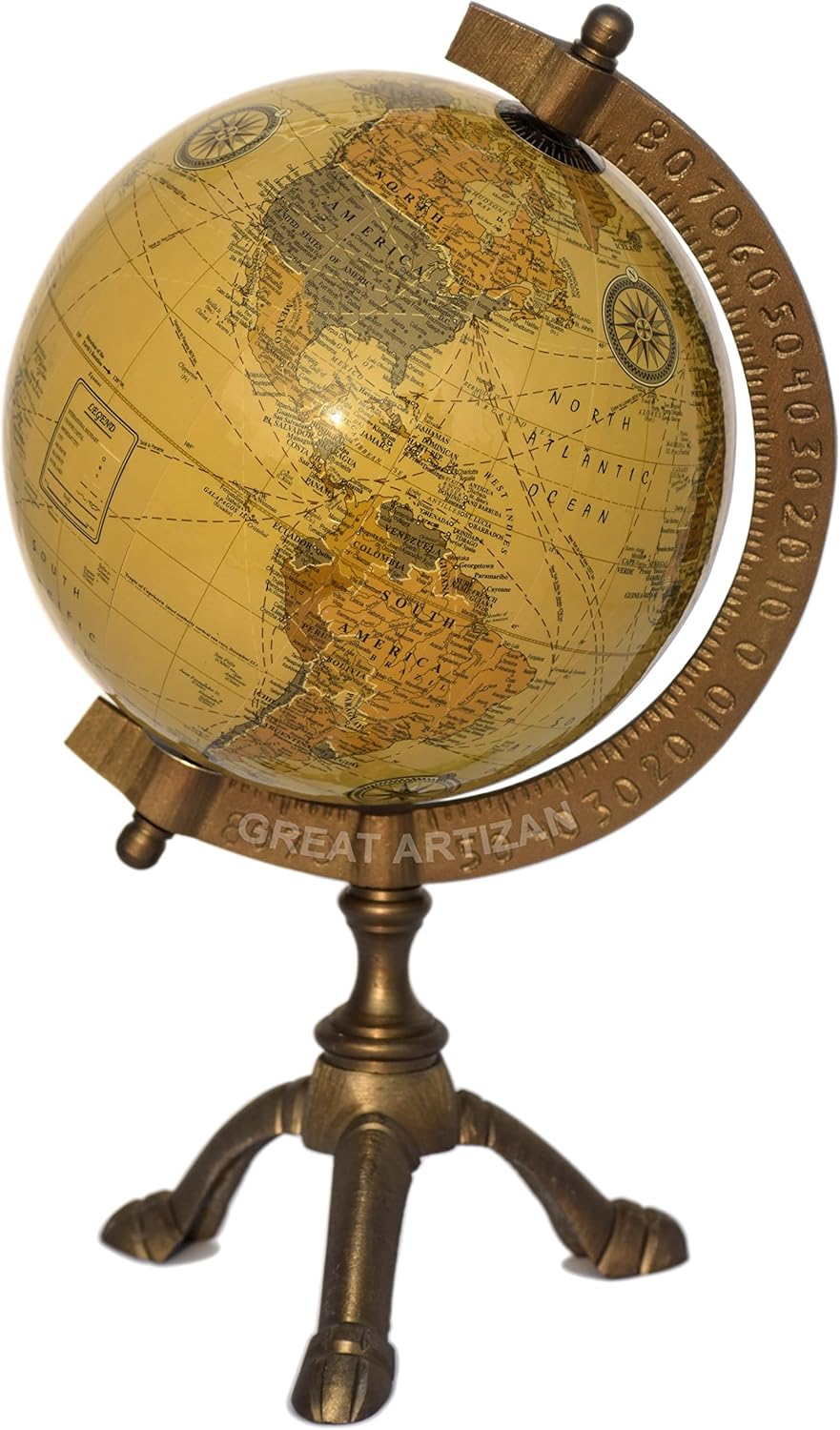 Antique Brass Educational Desk Globe with Three-Legged Brass Stand view 8