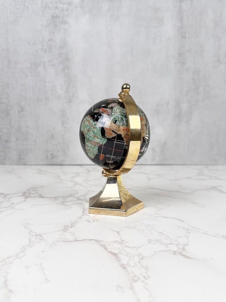 Small Brass Desk Globe with Black Gemstone-Inlaid World Map view 2