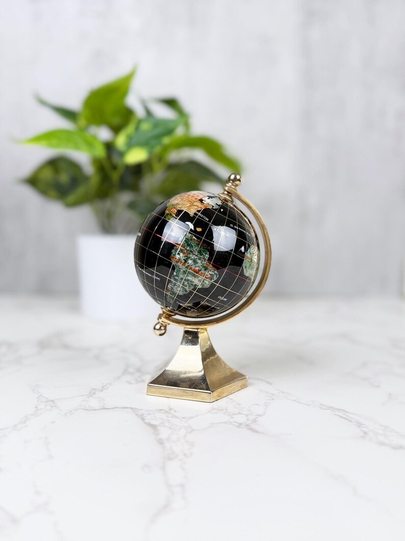 Small Brass Desk Globe with Black Gemstone-Inlaid World Map view 3