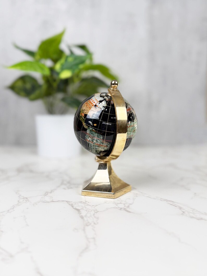 Small Brass Desk Globe with Black Gemstone-Inlaid World Map view 4