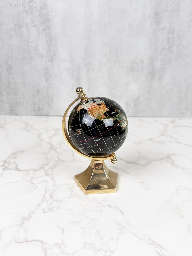 Small Brass Desk Globe with Black Gemstone-Inlaid World Map view 6