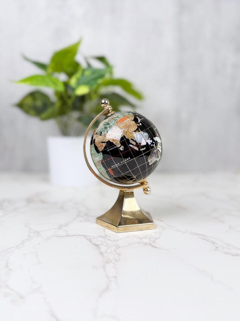 Small Brass Desk Globe with Black Gemstone-Inlaid World Map view 7