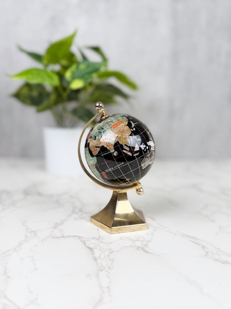 Small Brass Desk Globe with Black Gemstone-Inlaid World Map view 9