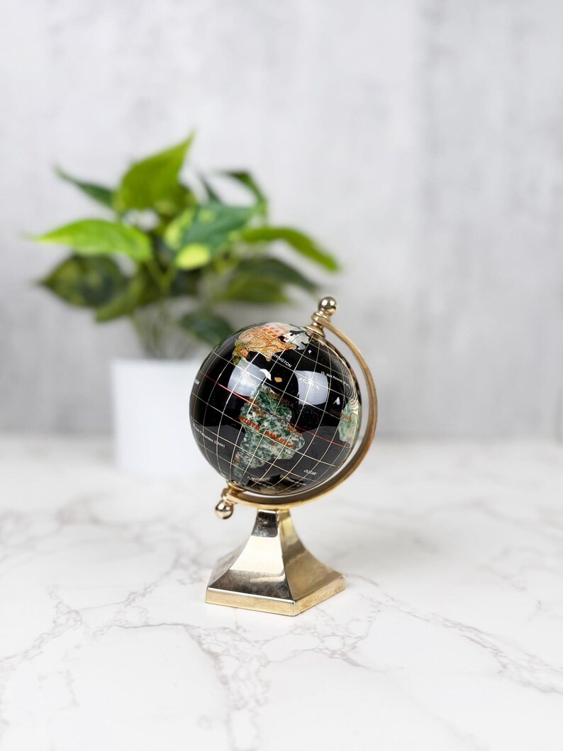 Small Brass Desk Globe with Black Gemstone-Inlaid World Map view 10