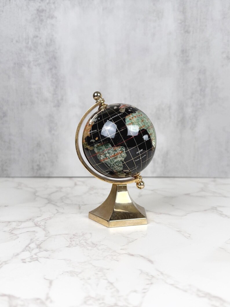Small Brass Desk Globe with Black Gemstone-Inlaid World Map view 11