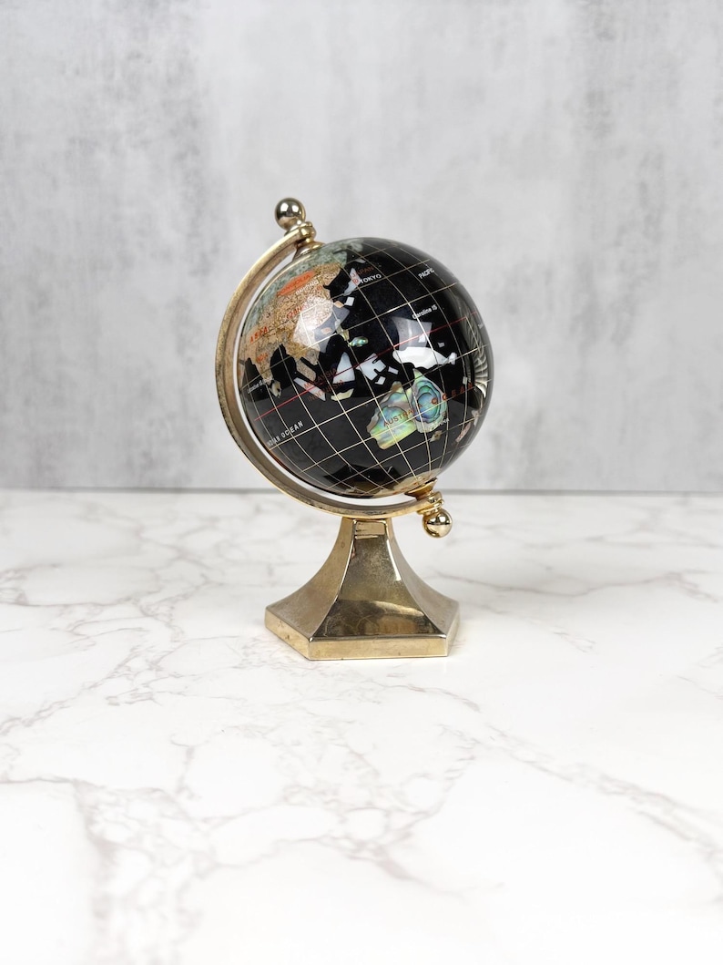 Small Brass Desk Globe with Black Gemstone-Inlaid World Map view 12