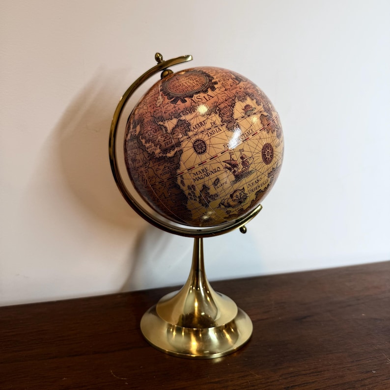 Vintage Polished Brass Globe with Historical World Map view 2