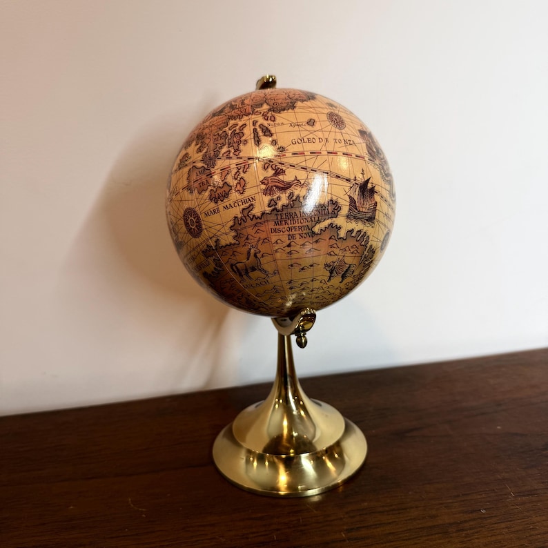 Vintage Polished Brass Globe with Historical World Map view 3