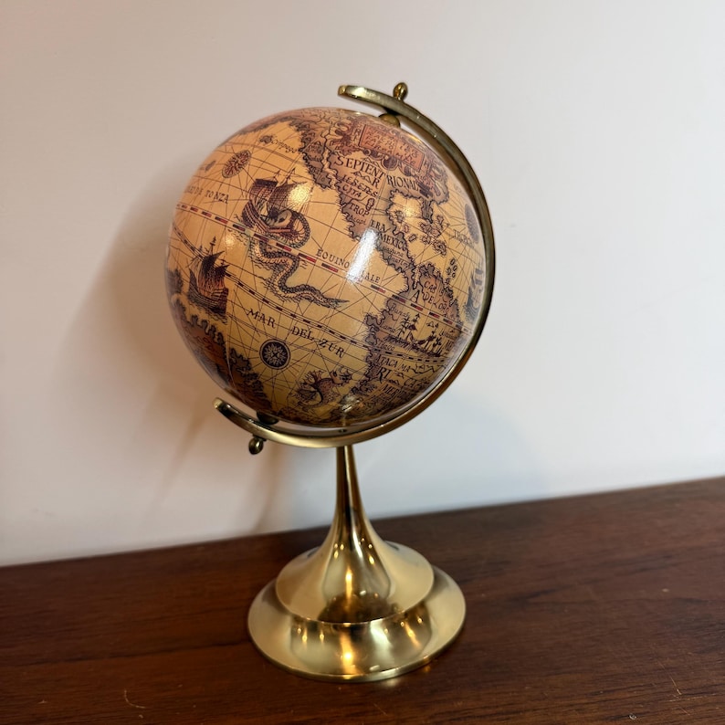 Vintage Polished Brass Globe with Historical World Map view 4