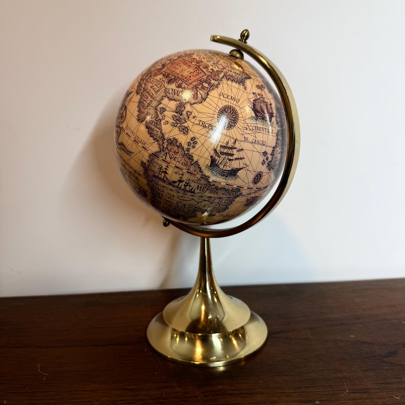 Vintage Polished Brass Globe with Historical World Map view 5