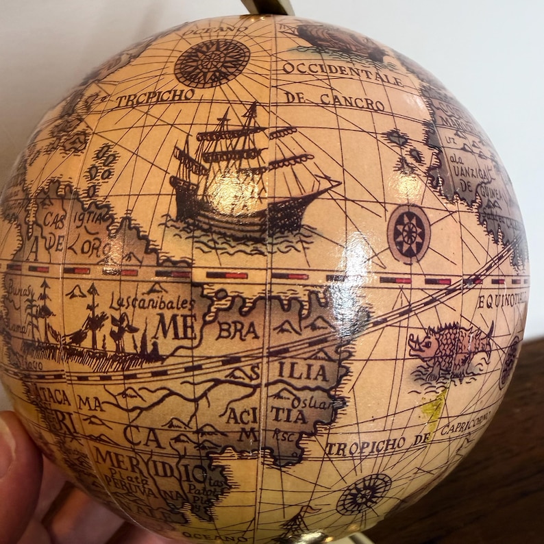 Vintage Polished Brass Globe with Historical World Map view 10
