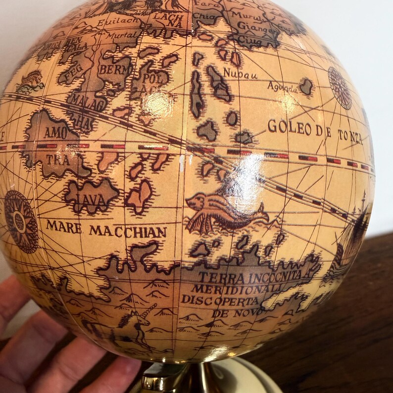 Vintage Polished Brass Globe with Historical World Map view 15