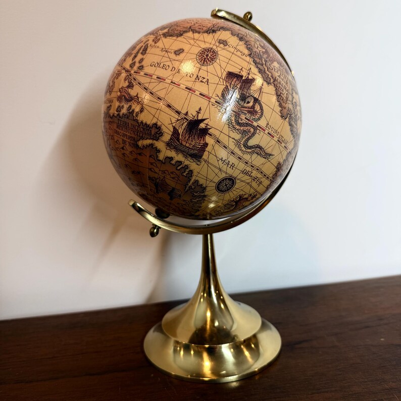 Vintage Polished Brass Globe with Historical World Map view 16