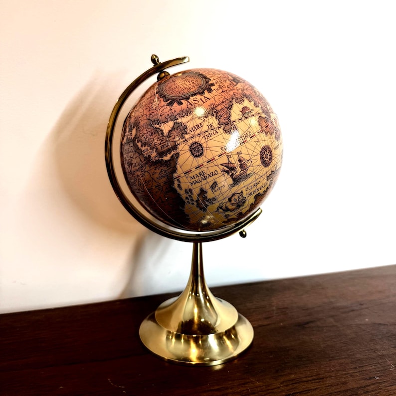 Vintage Polished Brass Globe with Historical World Map view 21