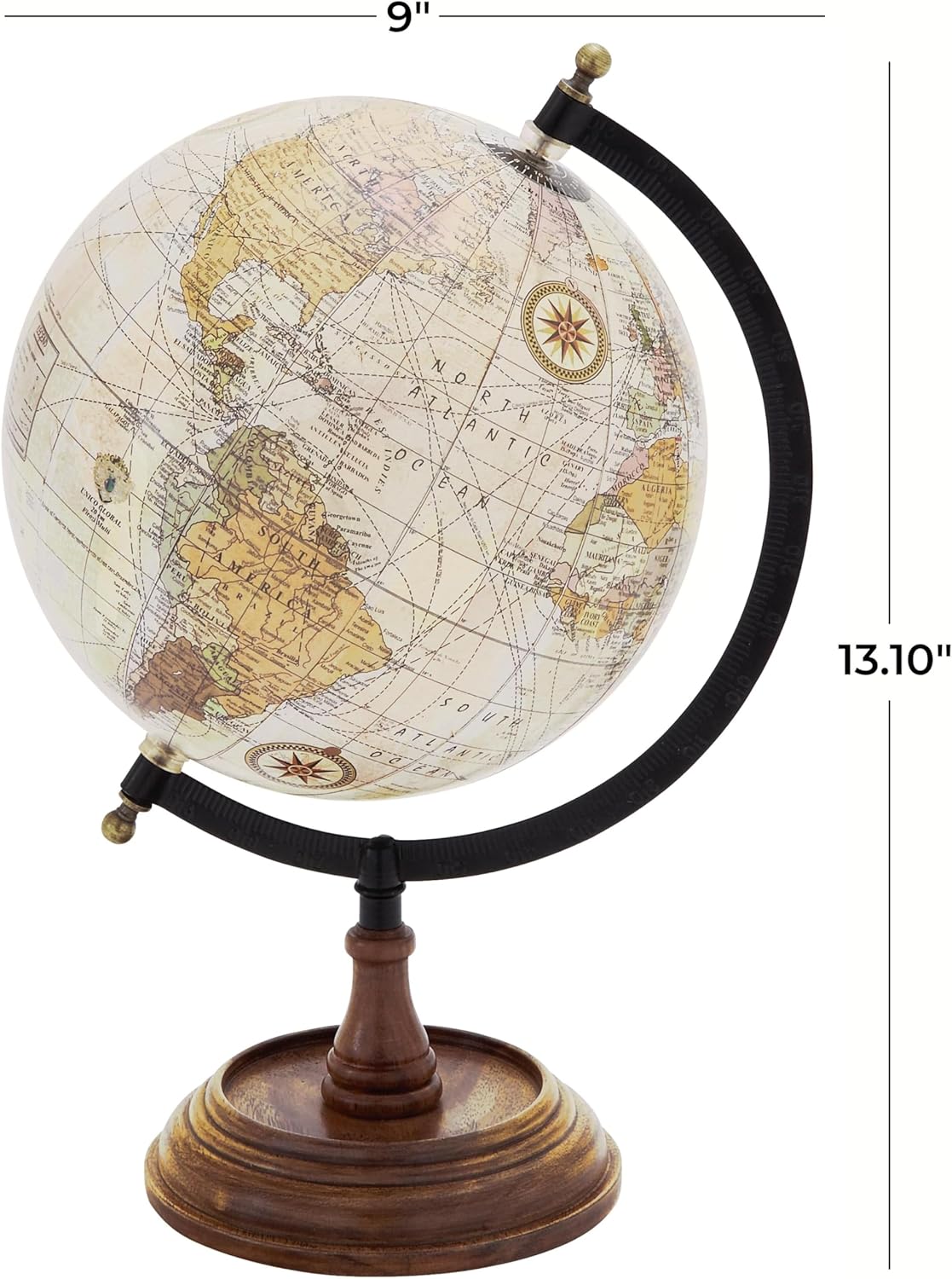 Solid Brass Desk Globe with Black Meridian Ring and Rosewood Base view 3