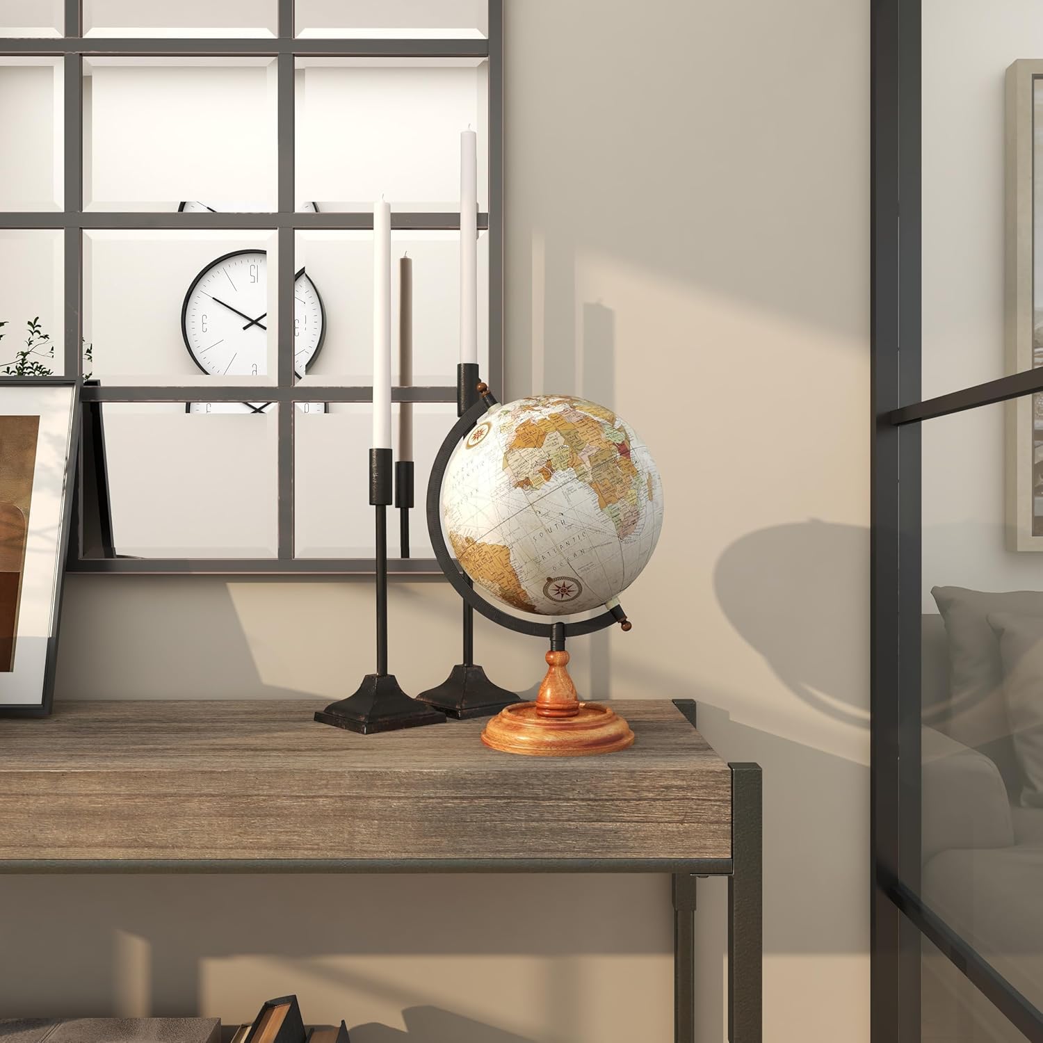 Solid Brass Desk Globe with Black Meridian Ring and Rosewood Base view 9