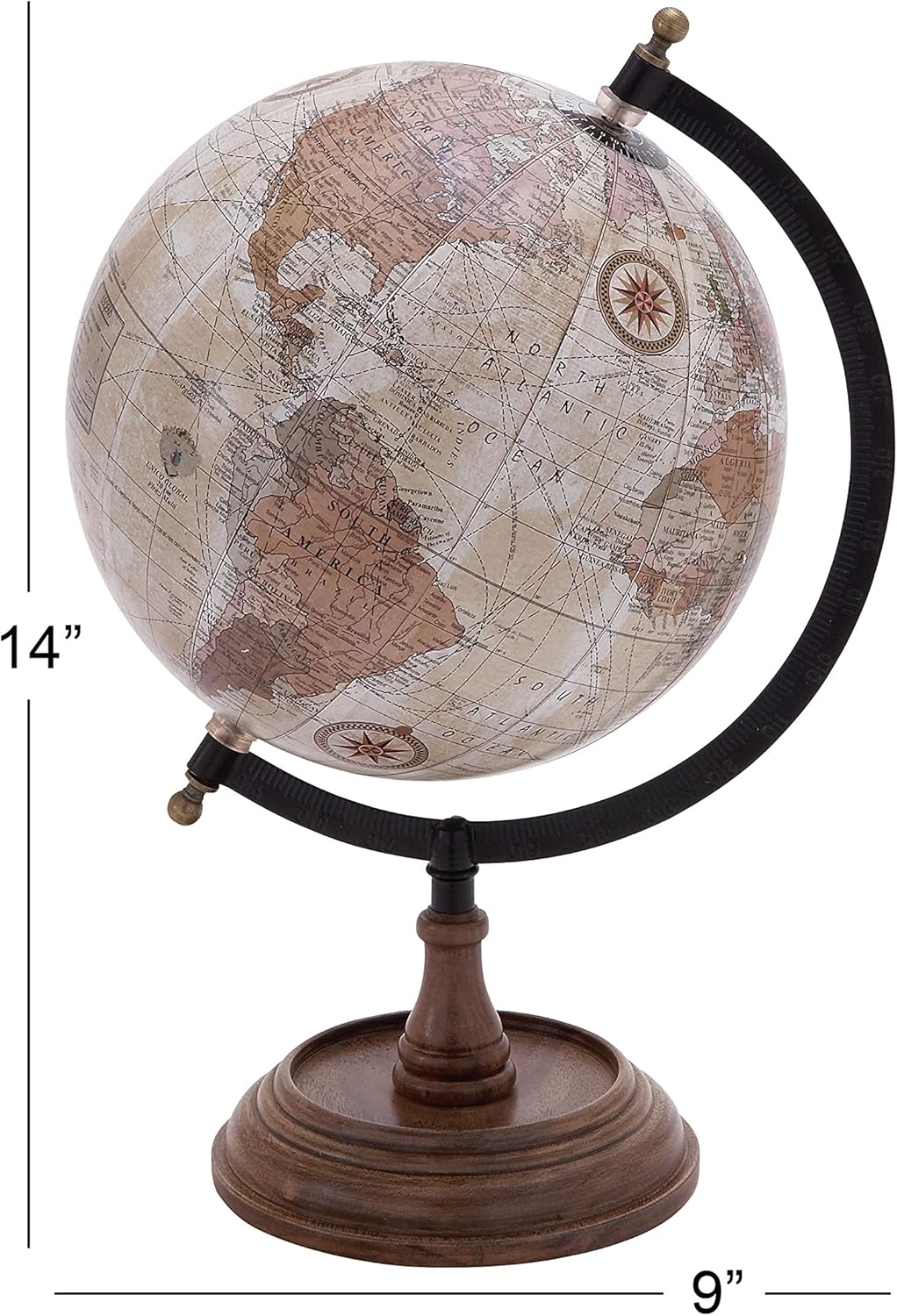 Solid Brass Desk Globe with Black Meridian Ring and Rosewood Base view 10