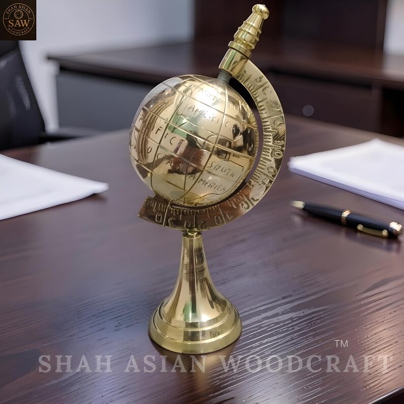 Compact Polished Brass Desk Globe view 2
