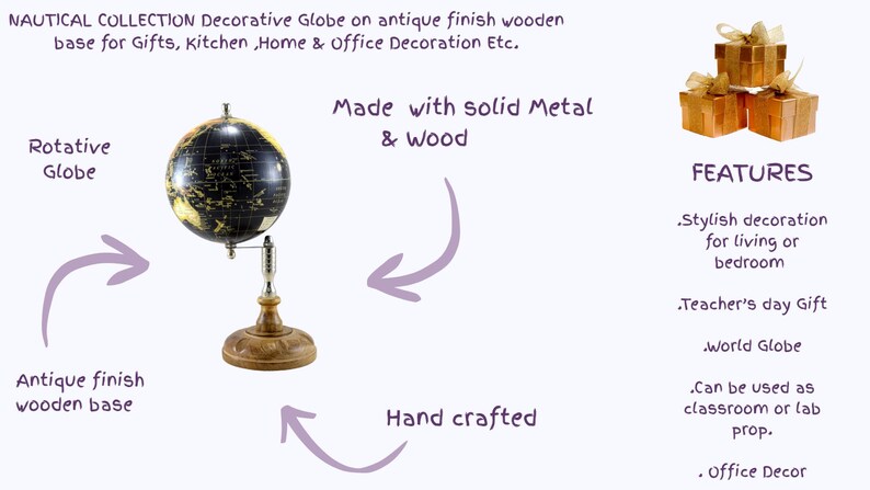 Nautical Collection Globe with Black and Gold Map on Wooden Base view 3