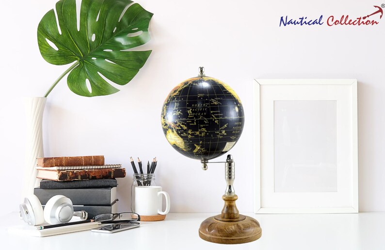 Nautical Collection Globe with Black and Gold Map on Wooden Base view 7