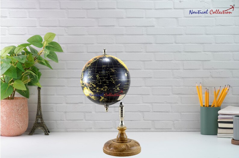 Nautical Collection Globe with Black and Gold Map on Wooden Base view 8