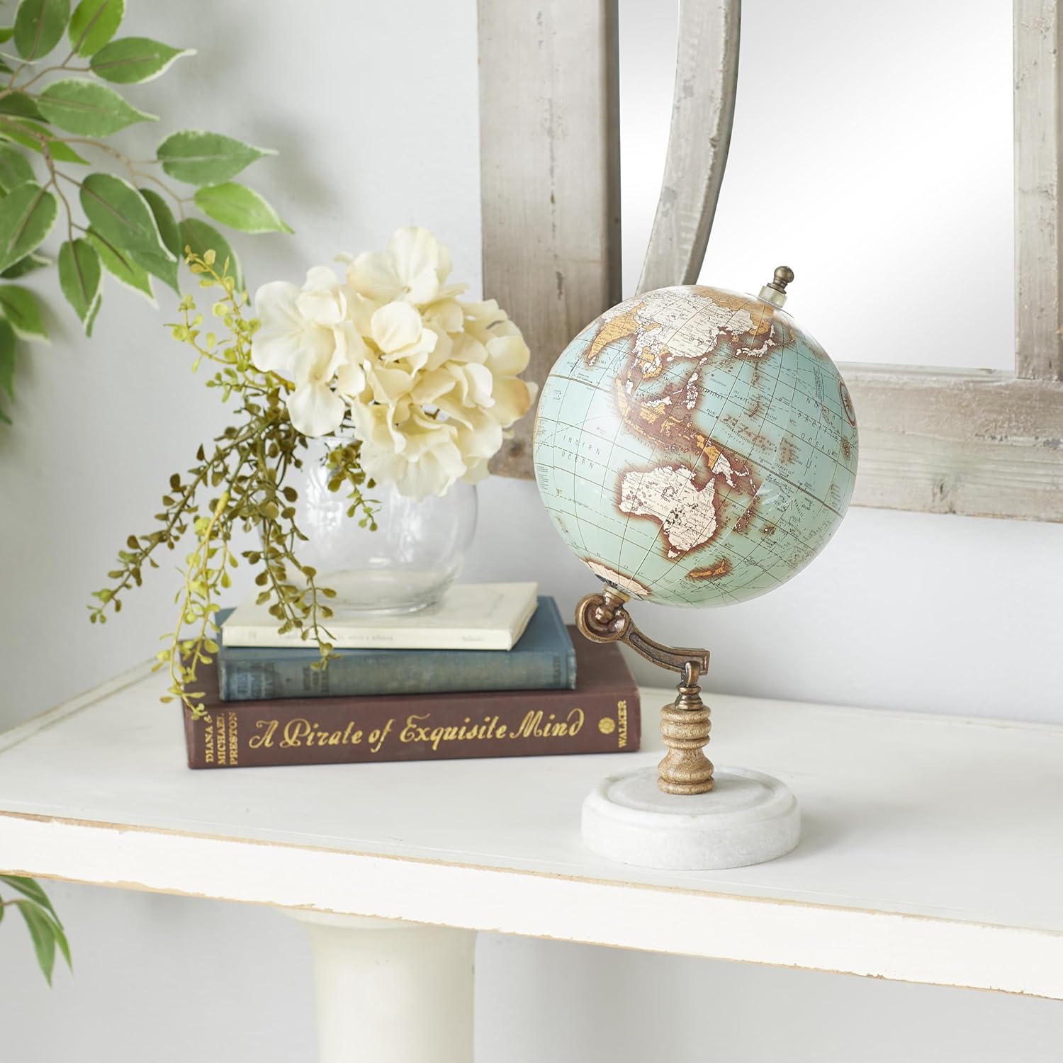 Desk Globe with Aqua Blue Map on Marble Base with Wooden and Brass Support view 2