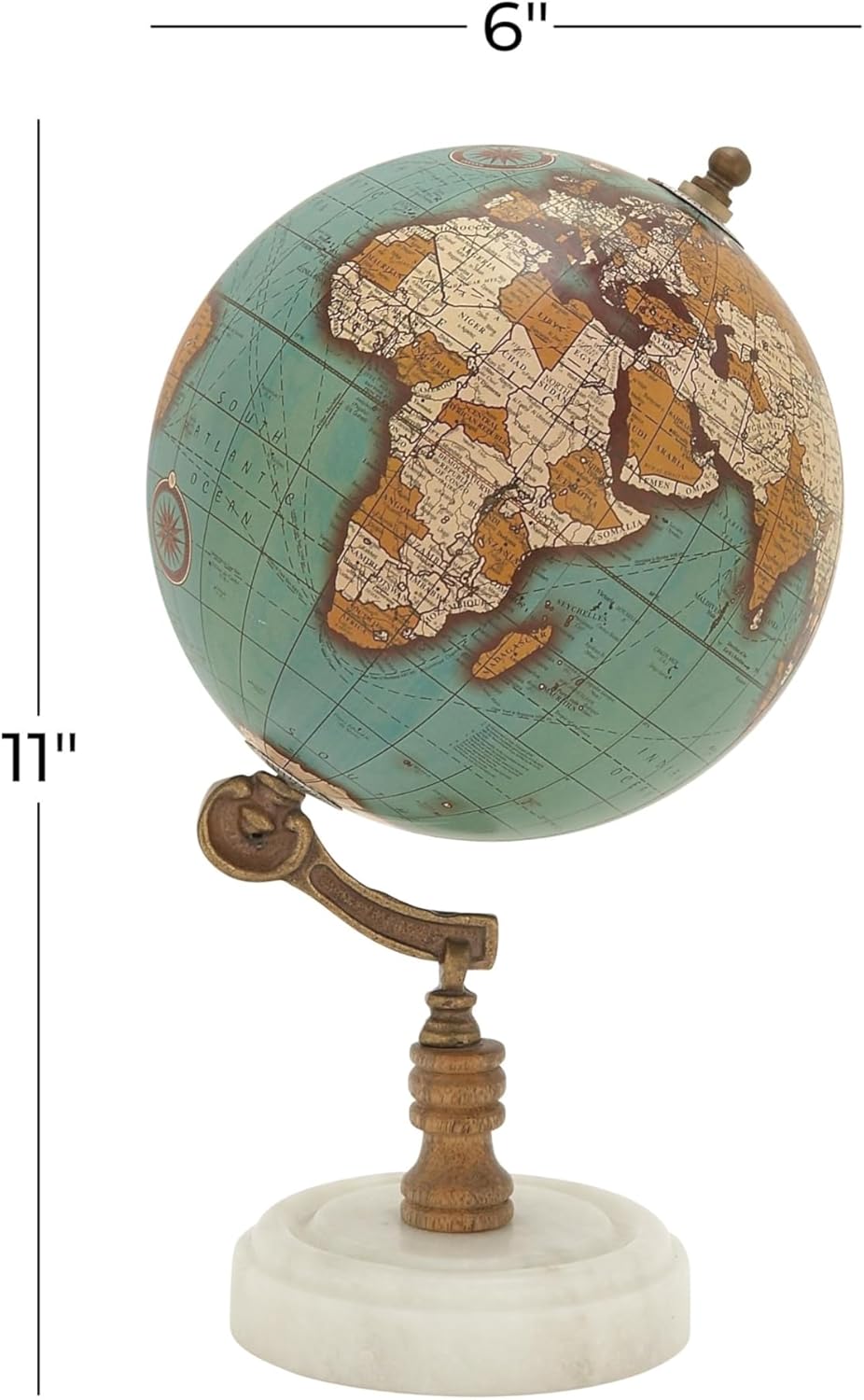 Desk Globe with Aqua Blue Map on Marble Base with Wooden and Brass Support view 3