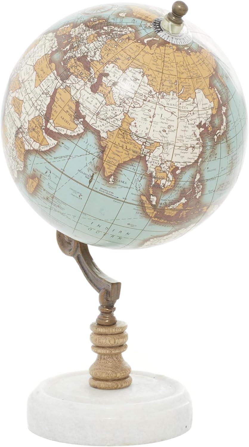 Desk Globe with Aqua Blue Map on Marble Base with Wooden and Brass Support view 4