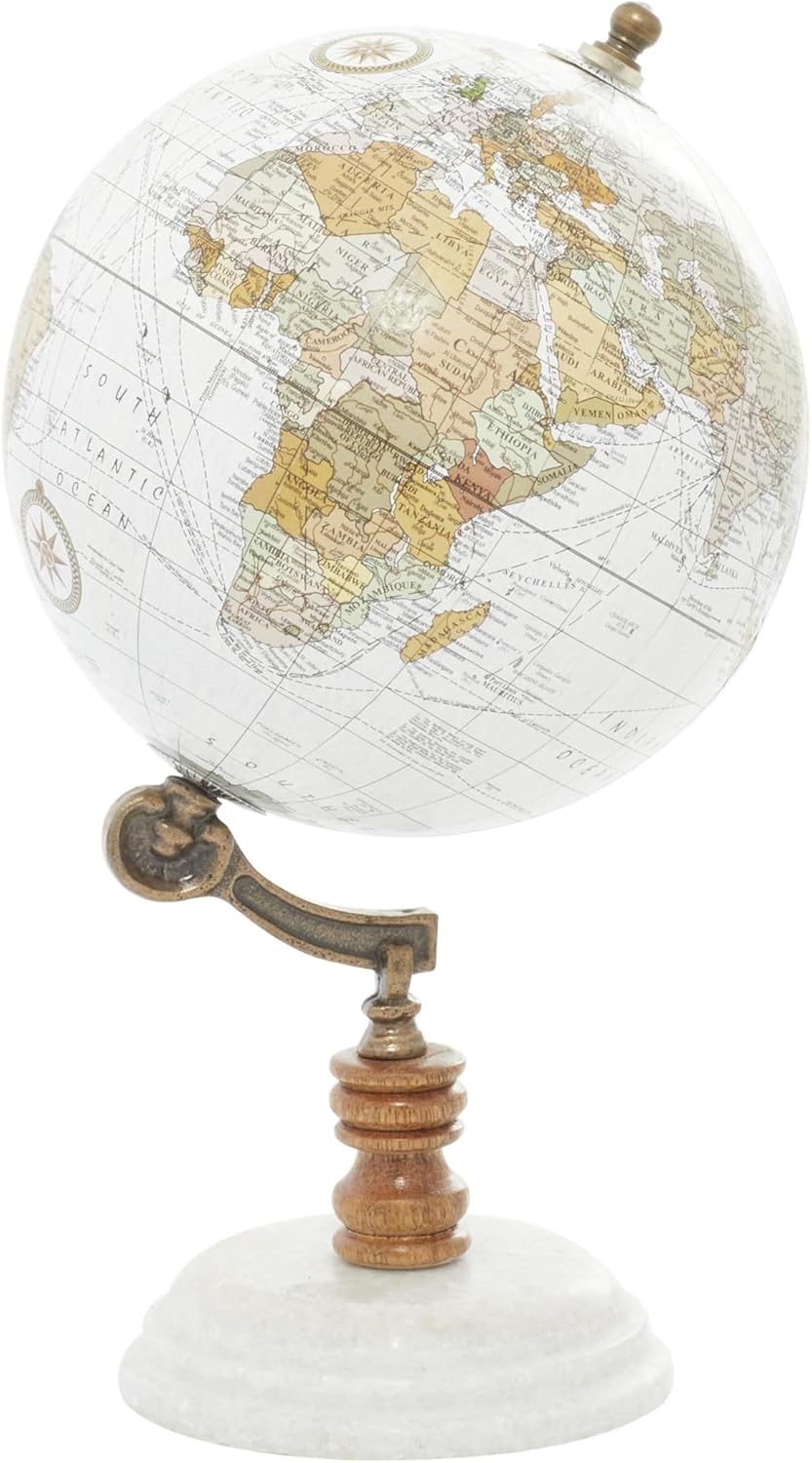 Desk Globe with Aqua Blue Map on Marble Base with Wooden and Brass Support view 7