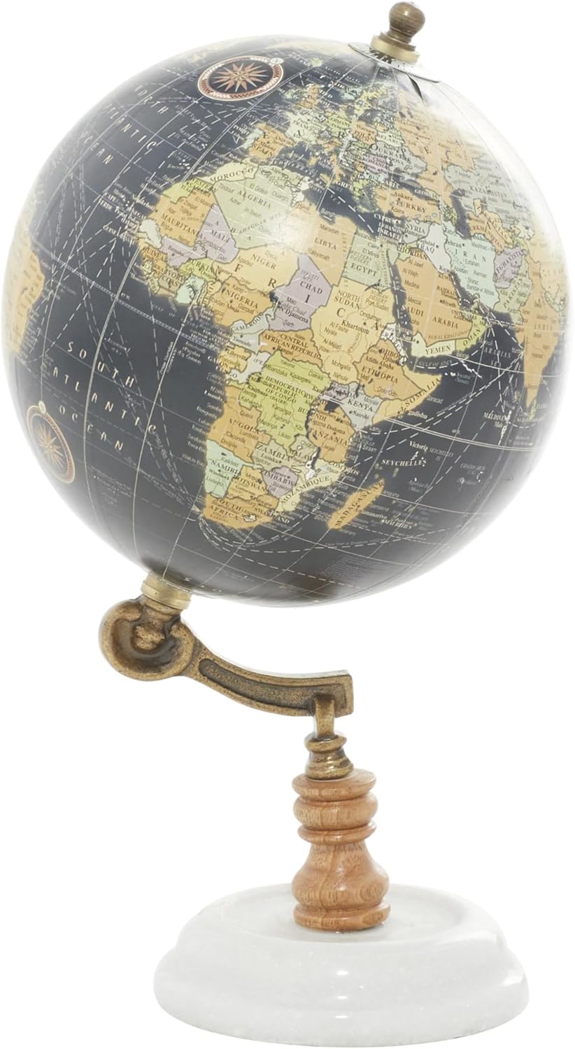 Desk Globe with Aqua Blue Map on Marble Base with Wooden and Brass Support view 8