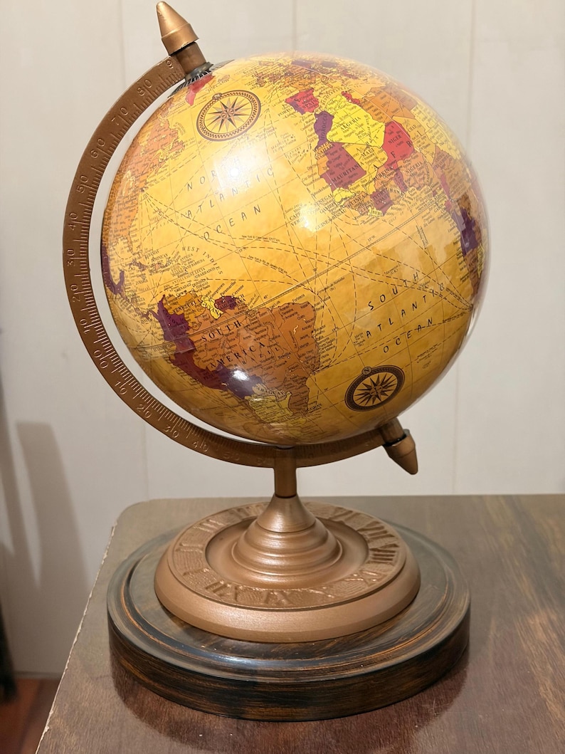 Vintage Desk Globe with Detailed Map on Wooden Base and Brass Ring view 2