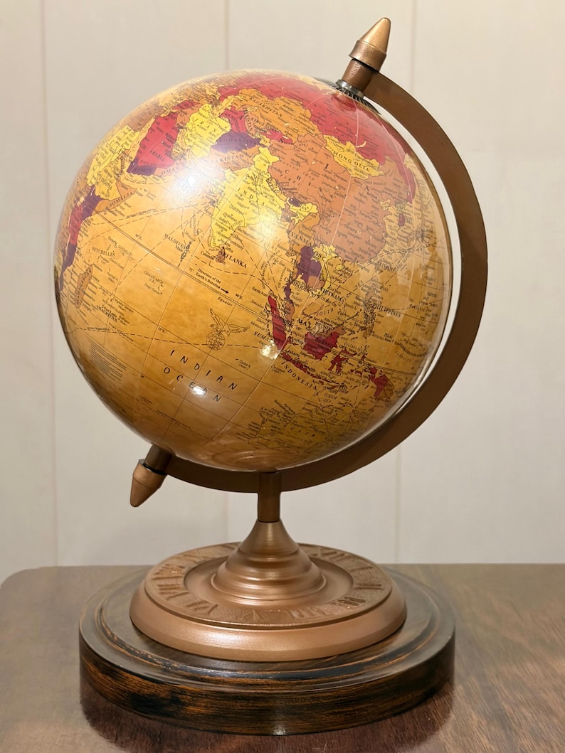 Vintage Desk Globe with Detailed Map on Wooden Base and Brass Ring view 3