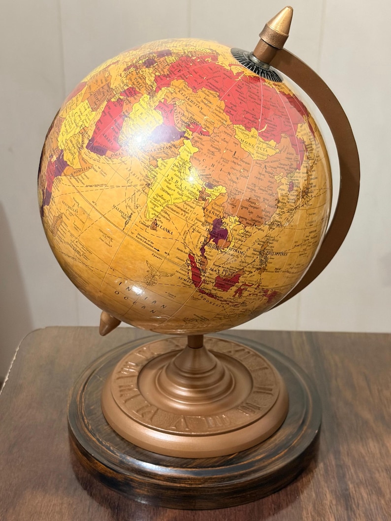 Vintage Desk Globe with Detailed Map on Wooden Base and Brass Ring view 4