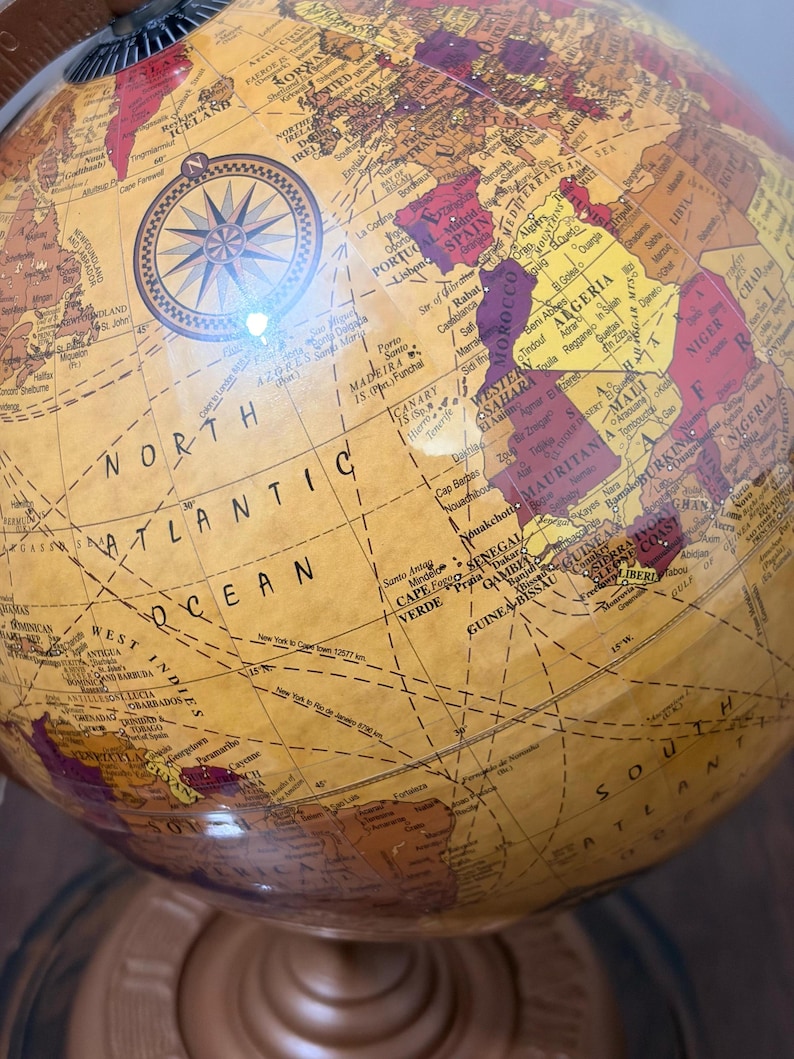 Vintage Desk Globe with Detailed Map on Wooden Base and Brass Ring view 5
