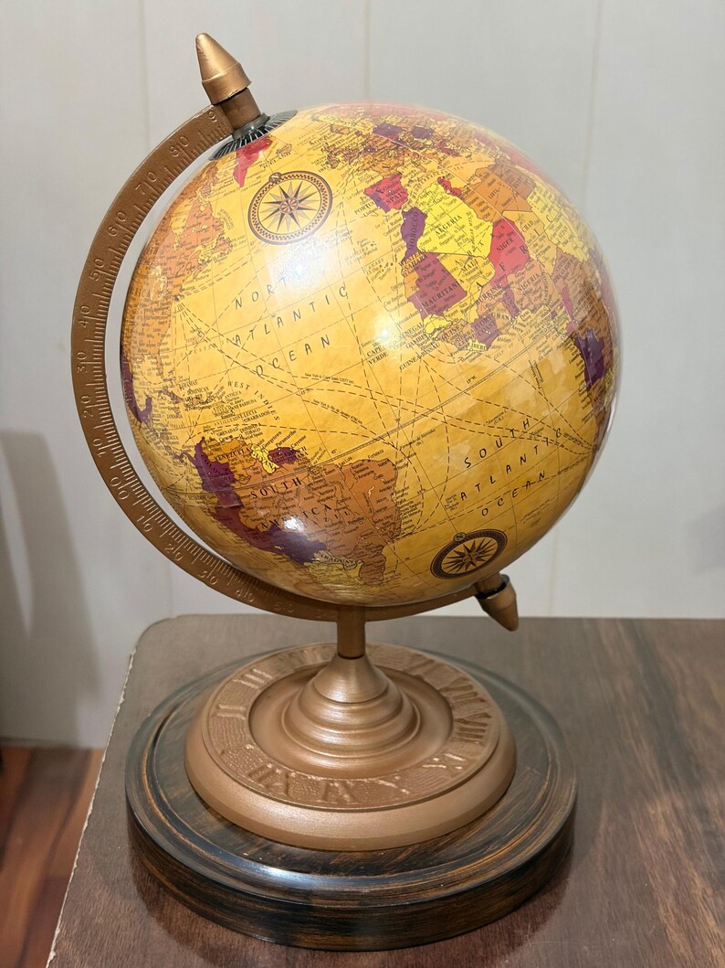 Vintage Desk Globe with Detailed Map on Wooden Base and Brass Ring view 6