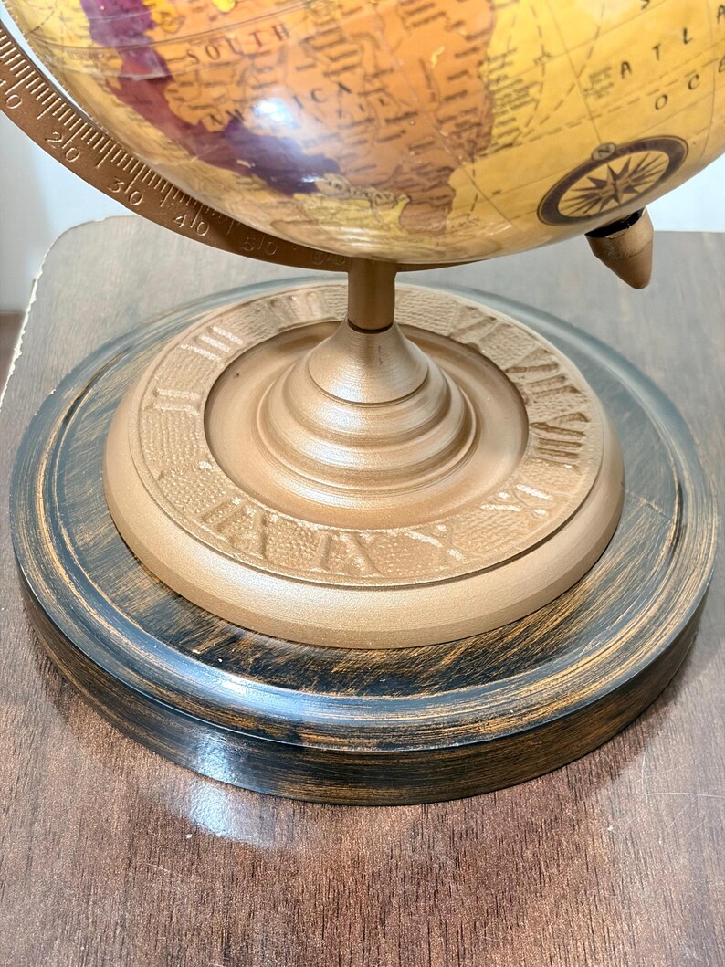 Vintage Desk Globe with Detailed Map on Wooden Base and Brass Ring view 7