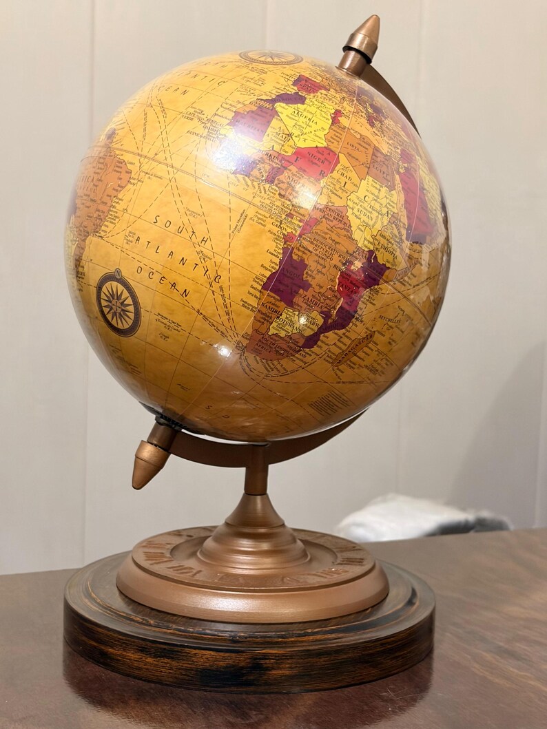 Vintage Desk Globe with Detailed Map on Wooden Base and Brass Ring view 8