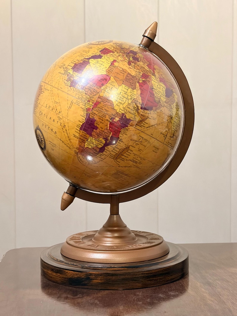 Vintage Desk Globe with Detailed Map on Wooden Base and Brass Ring view 9