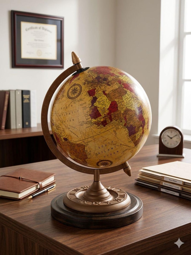 Vintage Desk Globe with Detailed Map on Wooden Base and Brass Ring view 10