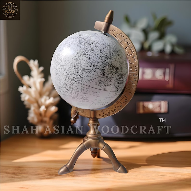 All-White Globe with Antique Brass Three-Legged Stand and Meridian Ring view 2