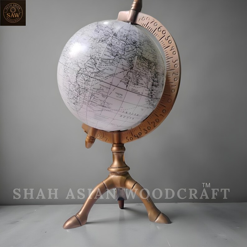 All-White Globe with Antique Brass Three-Legged Stand and Meridian Ring view 3