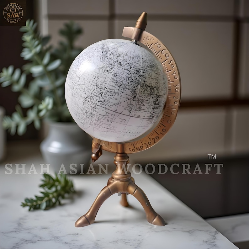 All-White Globe with Antique Brass Three-Legged Stand and Meridian Ring view 4