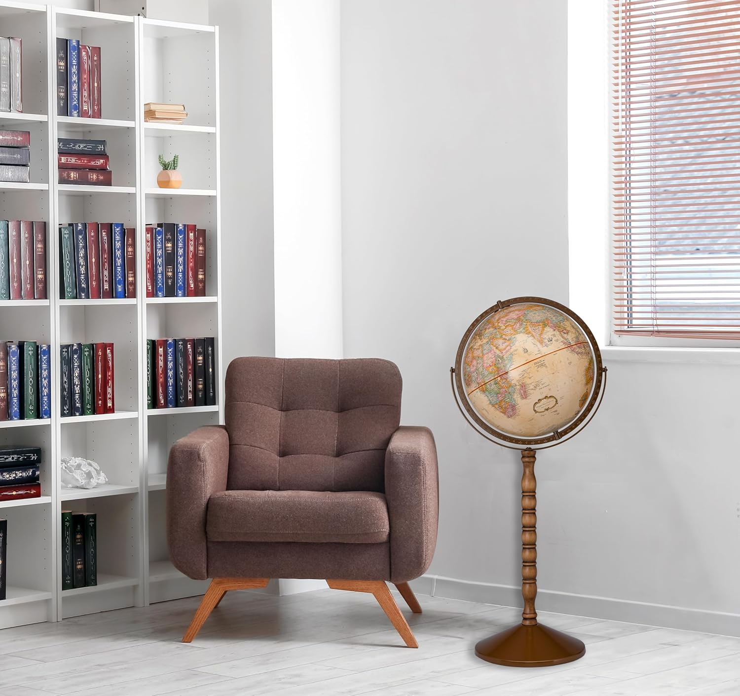 Large Desk Globe with Full Brass Ring on Wooden Stand and Metal Base view 2