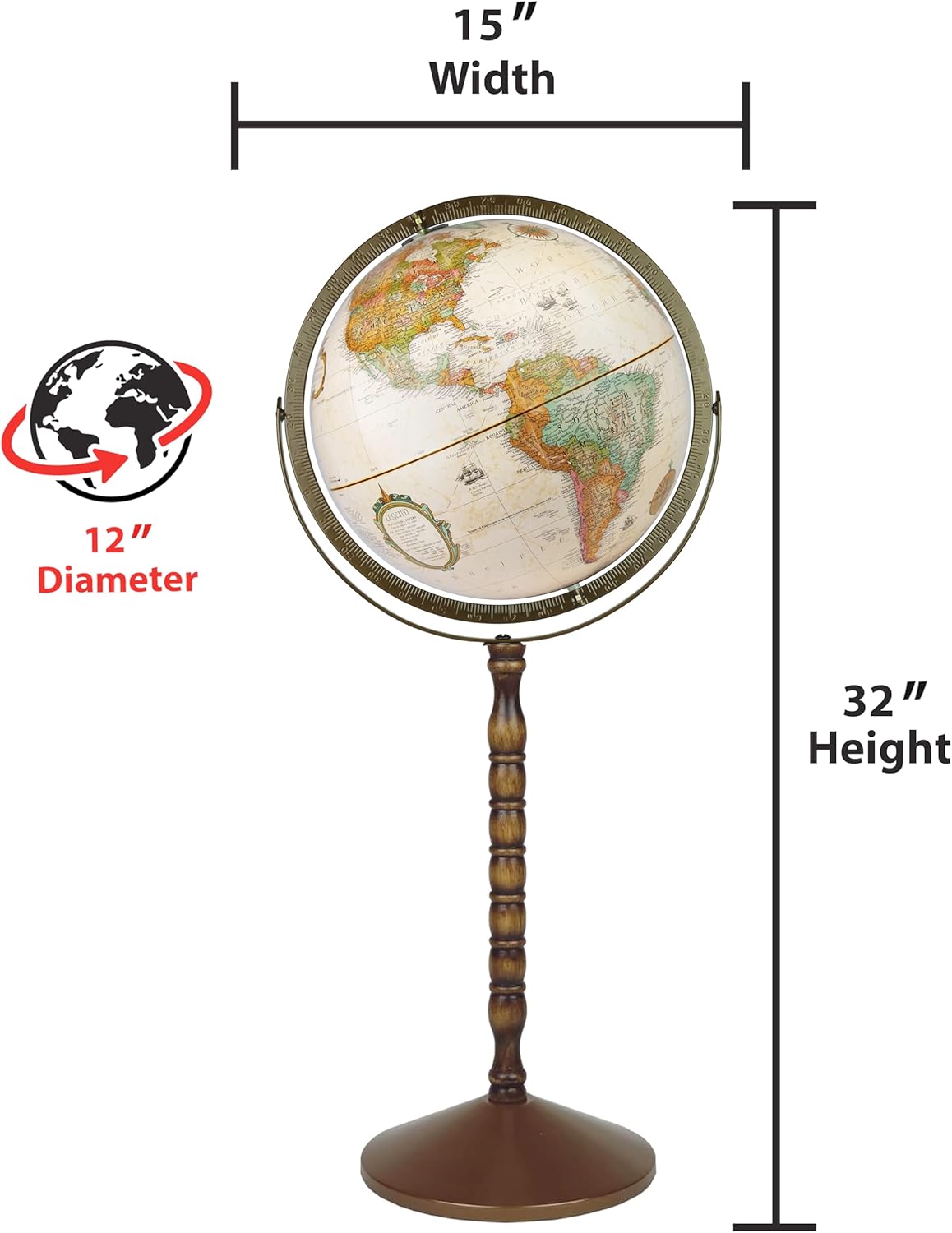 Large Desk Globe with Full Brass Ring on Wooden Stand and Metal Base view 3
