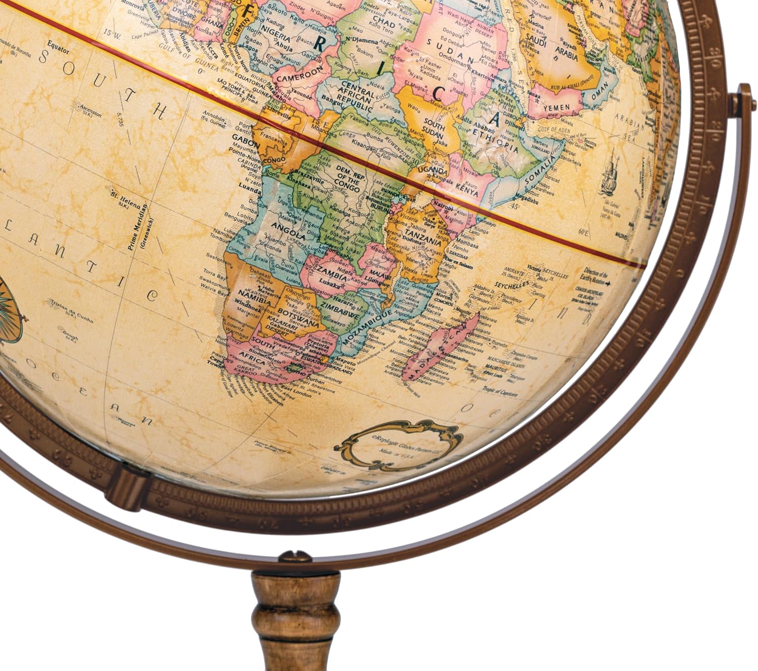Large Desk Globe with Full Brass Ring on Wooden Stand and Metal Base view 4