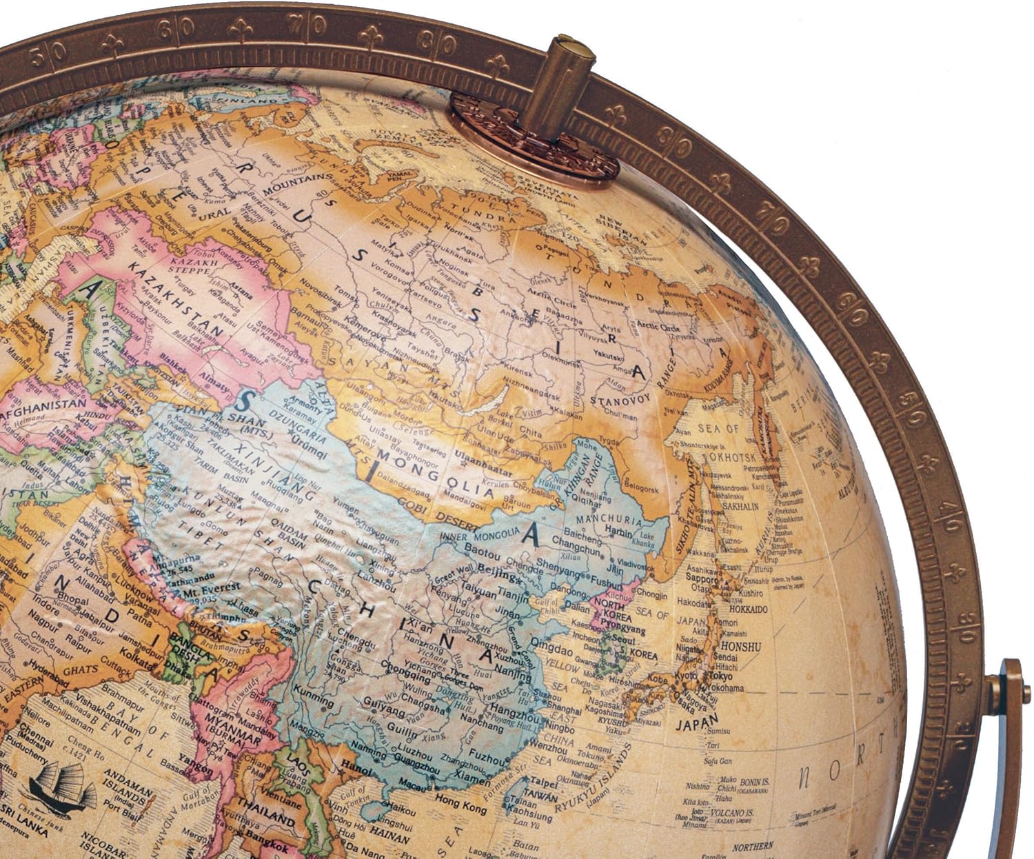 Large Desk Globe with Full Brass Ring on Wooden Stand and Metal Base view 5