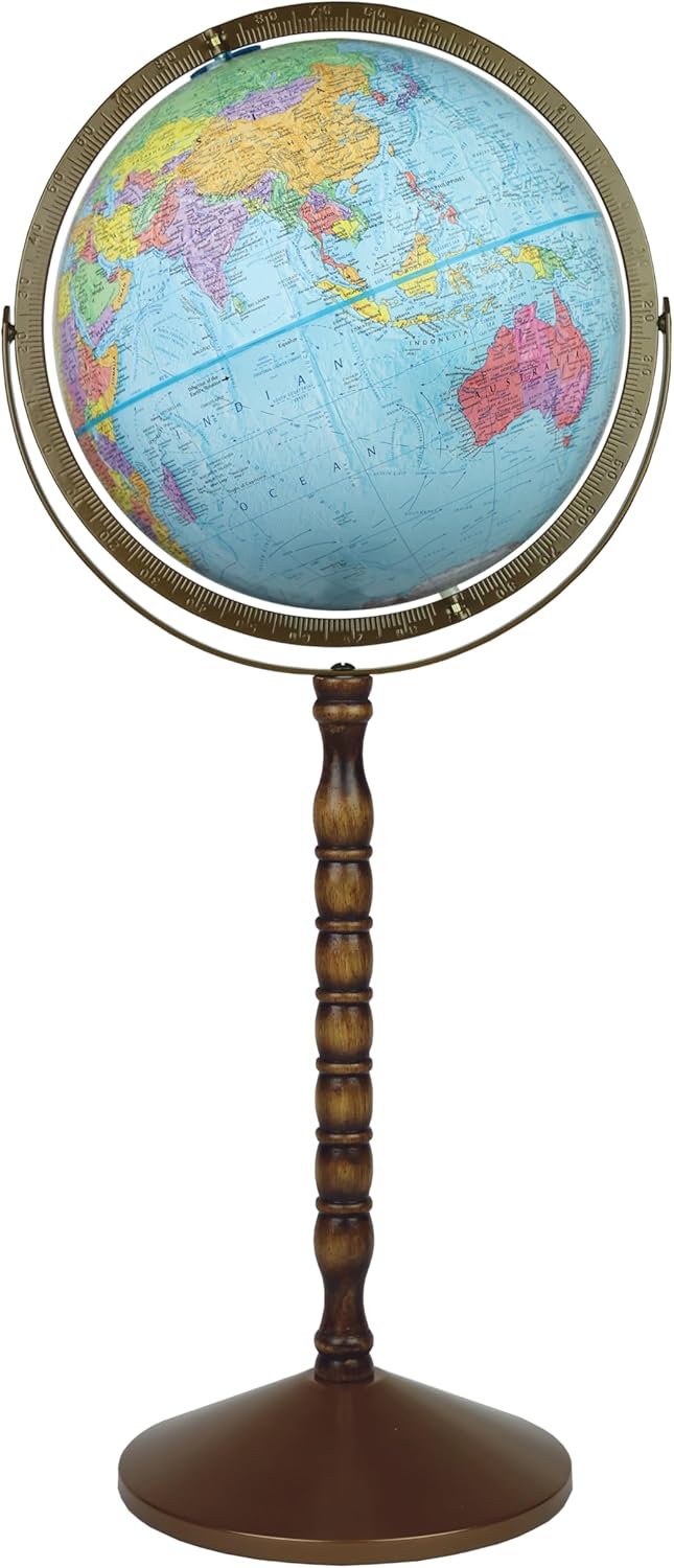 Large Desk Globe with Full Brass Ring on Wooden Stand and Metal Base view 6