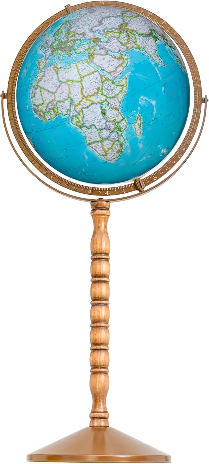 Large Desk Globe with Full Brass Ring on Wooden Stand and Metal Base view 7