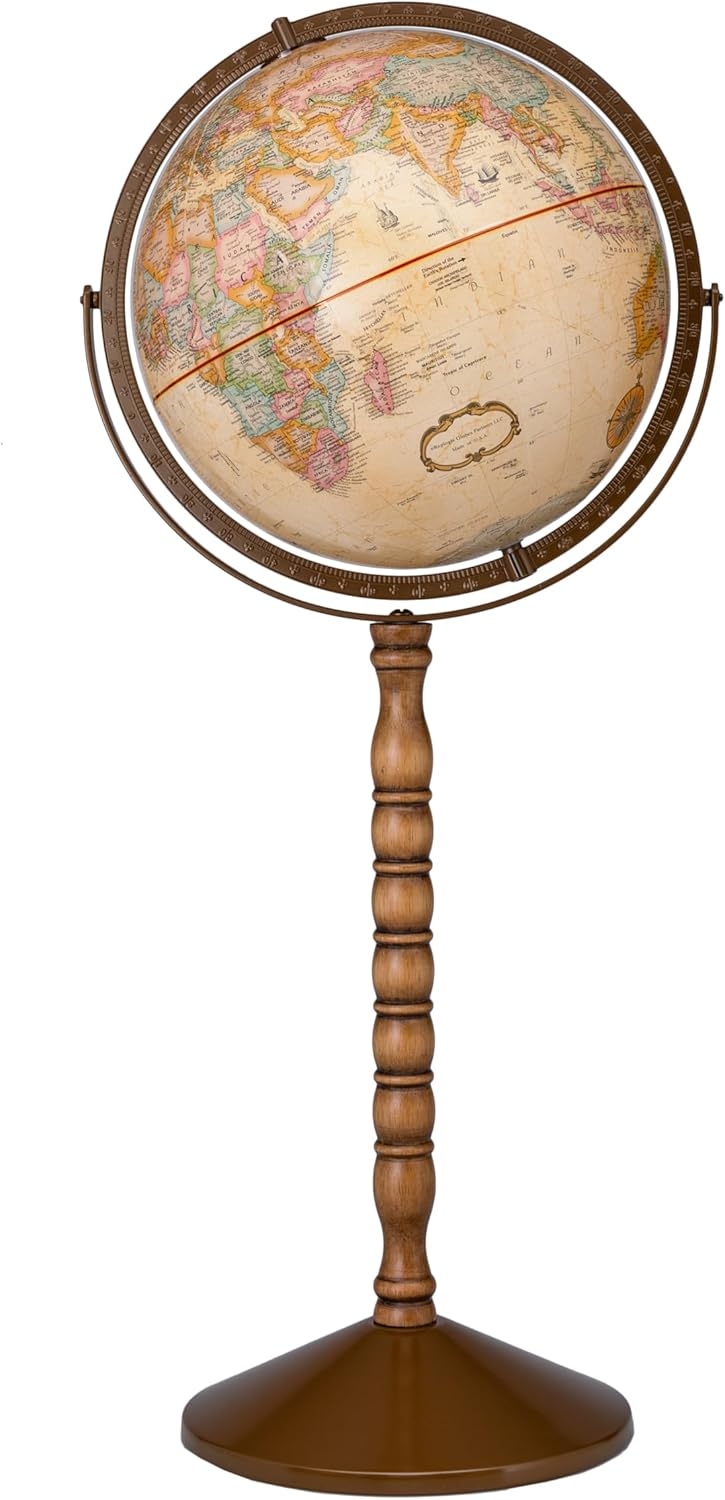 Large Desk Globe with Full Brass Ring on Wooden Stand and Metal Base view 8